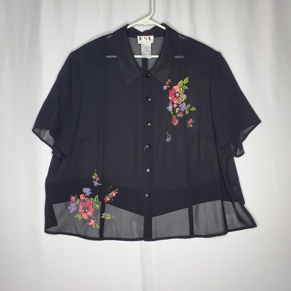 karin stevens Tops - Karin Stevens Top Women 24W Black Sheer Open Back Short Sleeve Beaded Flower 90s